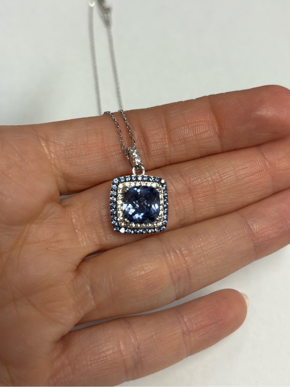 Suzy Levian Blue Cushion Sapphire White Sapphire Halo Pendant Necklace NWT